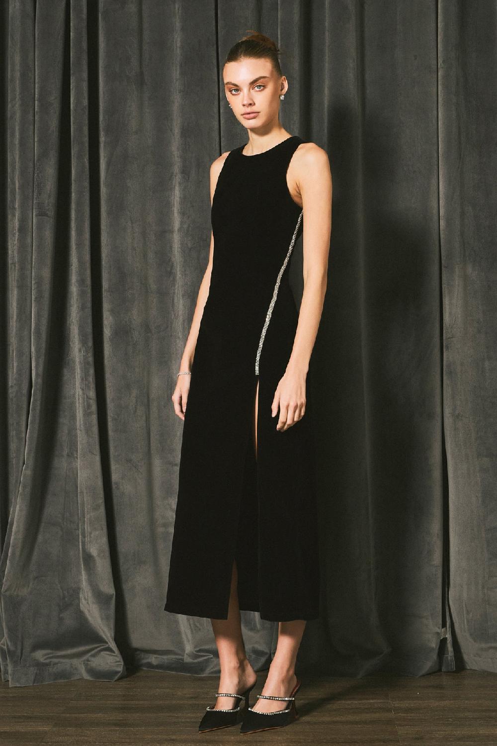 Endless Rose Jewel Trim Maxi Velvet Dress BLACK