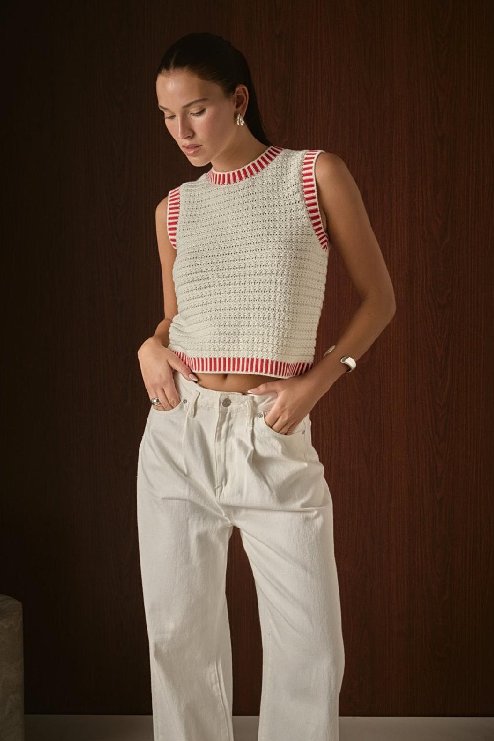 endless rose Knit Bordered Top CREAM/RED