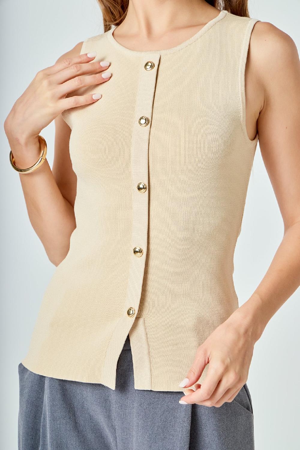 Endless Rose Knit Buttoned Sleeveless Top BEIGE