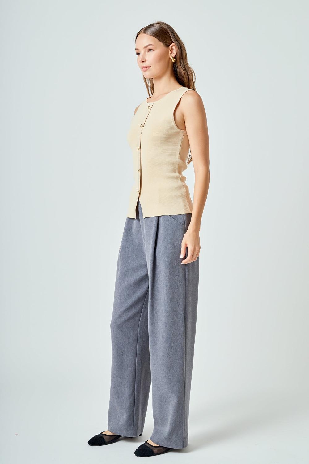 Endless Rose Knit Buttoned Sleeveless Top BEIGE