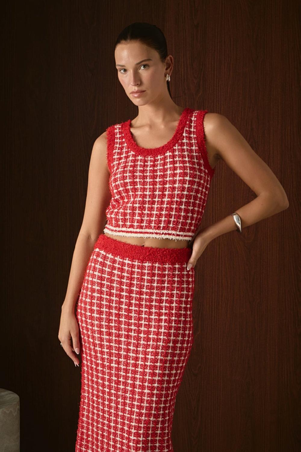 endless rose Knit Crop Top RED/CREAM