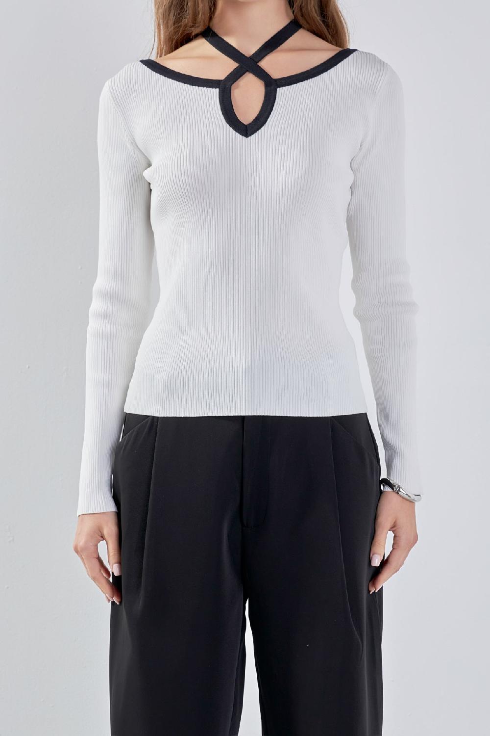 Endless Rose Knit Cutout Halter Top IVORY/BLACK