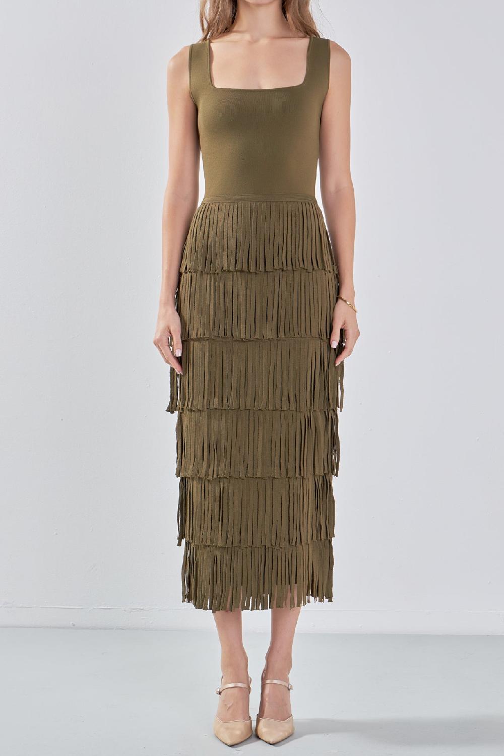 Endless Rose Knit Fringe Long Dress OLIVE