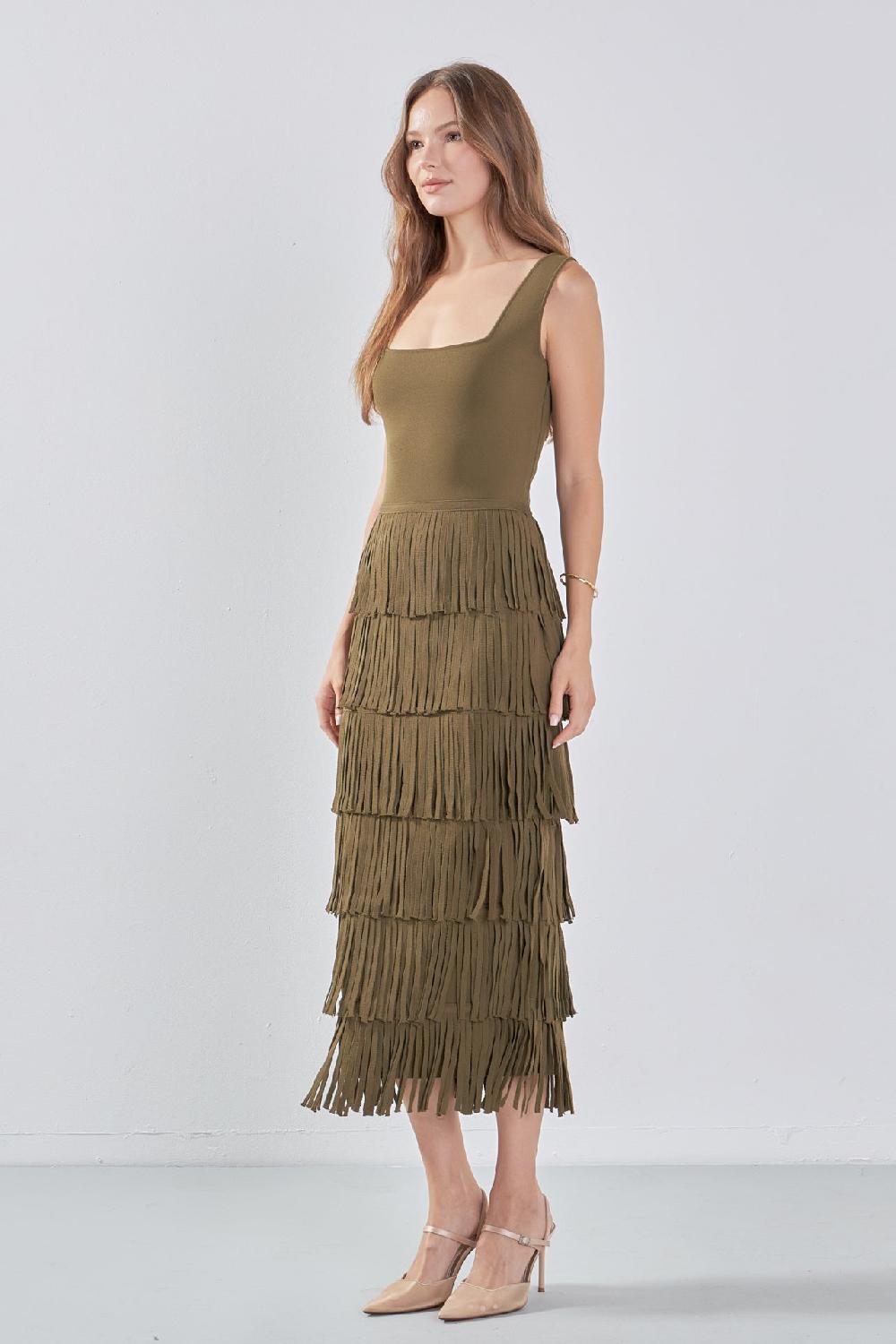 Endless Rose Knit Fringe Long Dress OLIVE