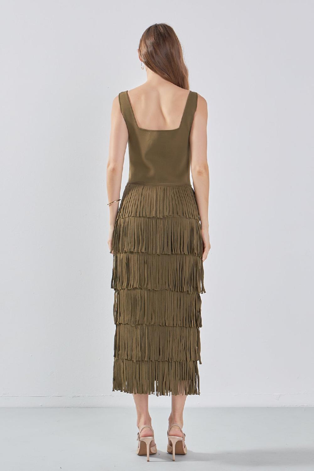 Endless Rose Knit Fringe Long Dress OLIVE