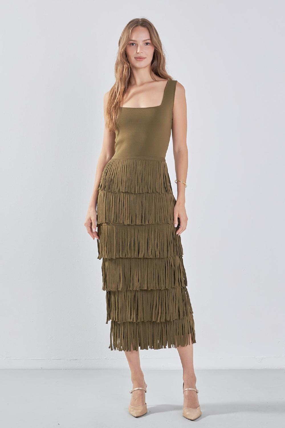 endless rose Knit Fringe Long Dress OLIVE