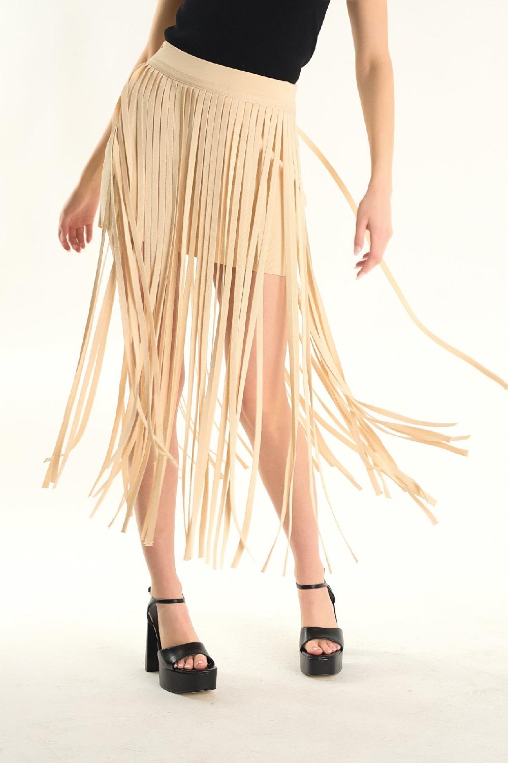 Endless Rose Knit Fringe Skirt LIGHT BEIGE