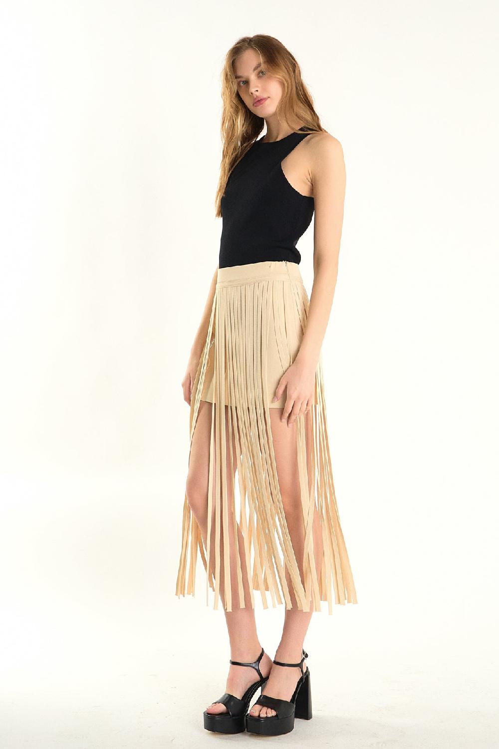 Endless Rose Knit Fringe Skirt LIGHT BEIGE