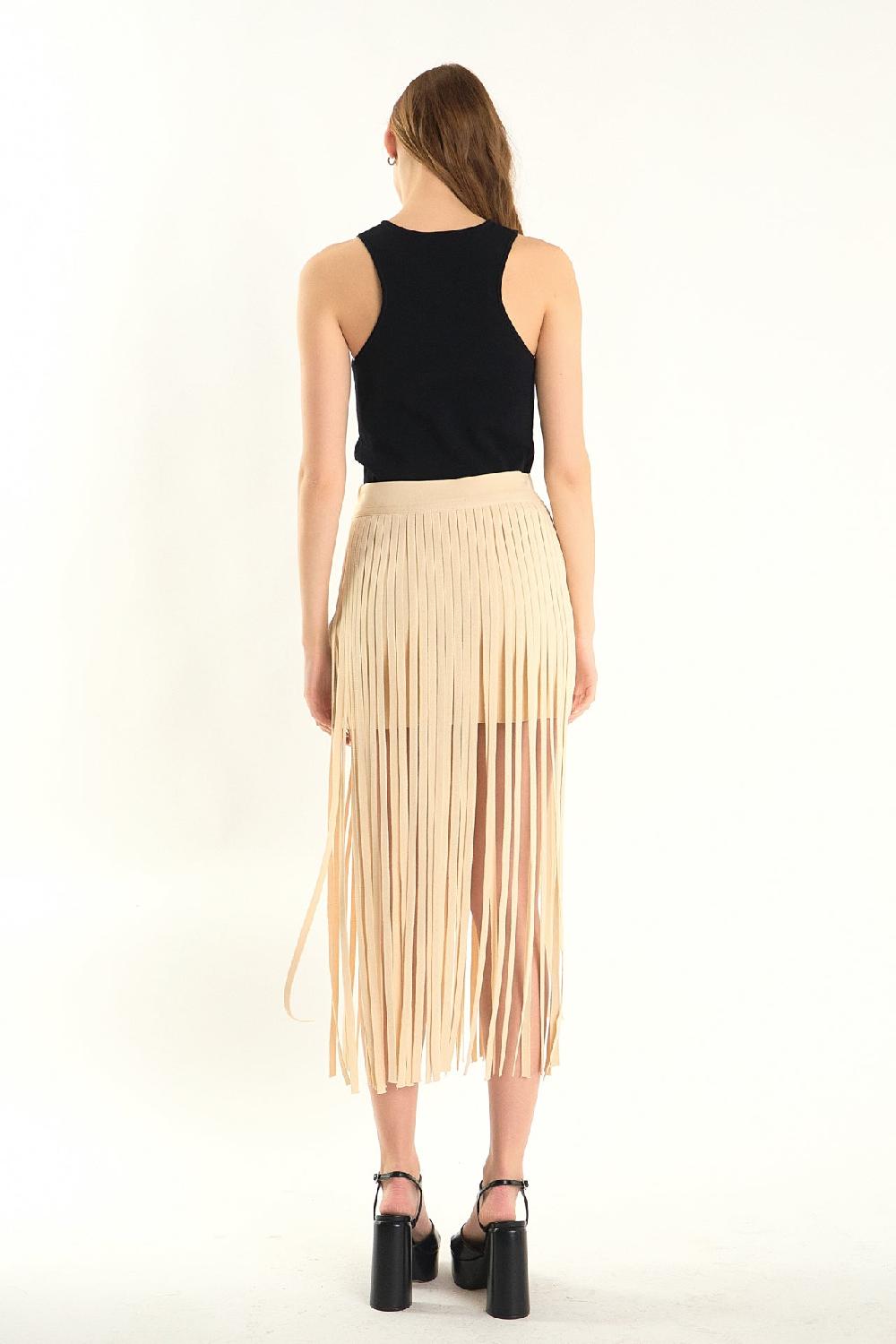 Endless Rose Knit Fringe Skirt LIGHT BEIGE