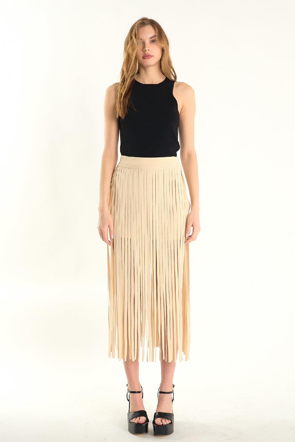 endless rose Knit Fringe Skirt LIGHT BEIGE