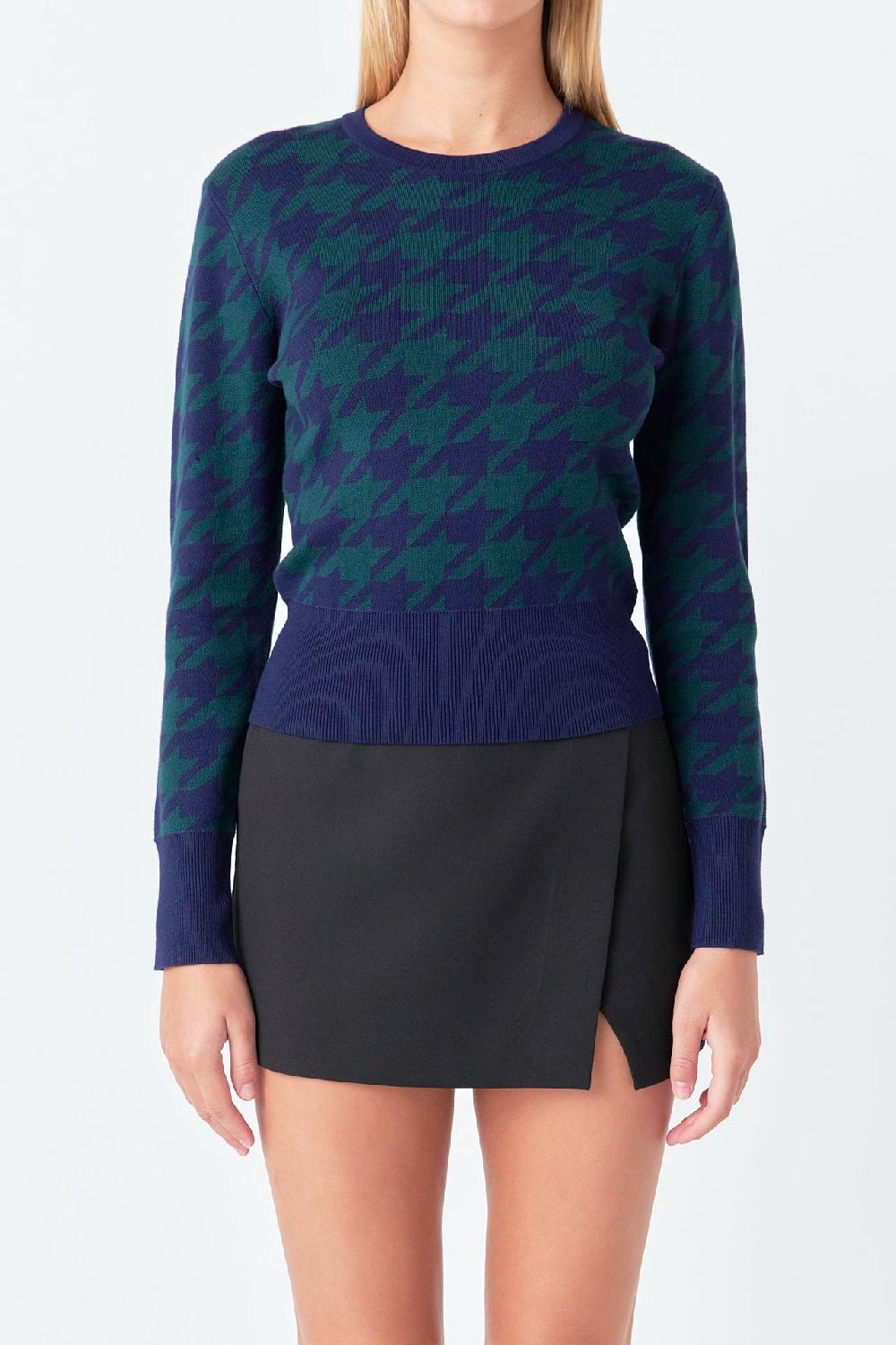 Endless Rose Knit Houndstooth Sweater GREEN/NAVY