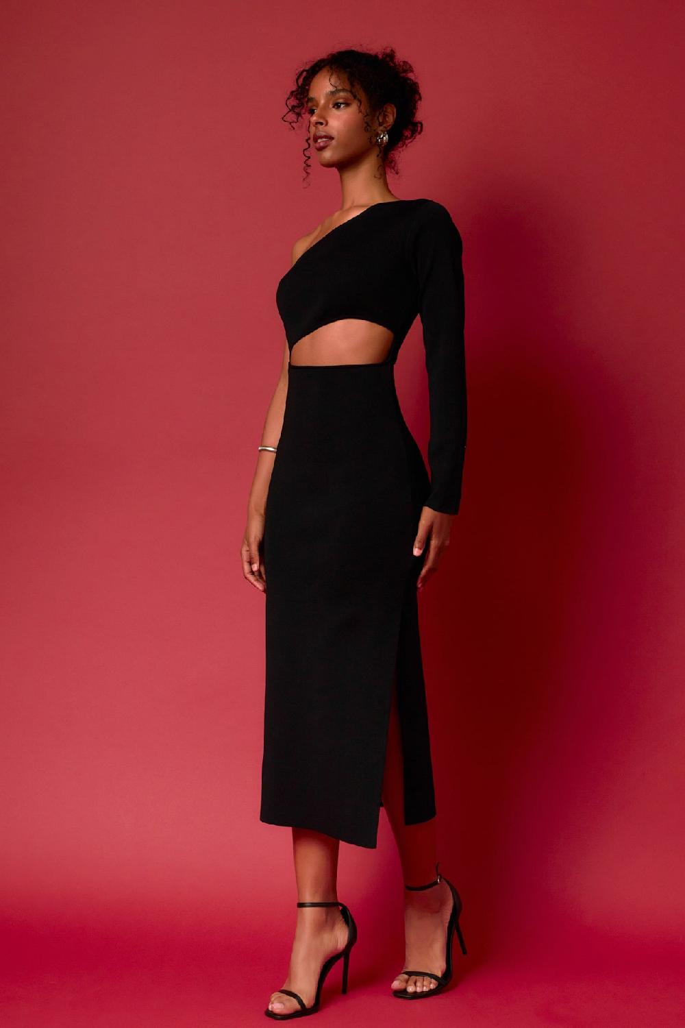 Endless Rose Knit One Shoulder Midi Dress BLACK