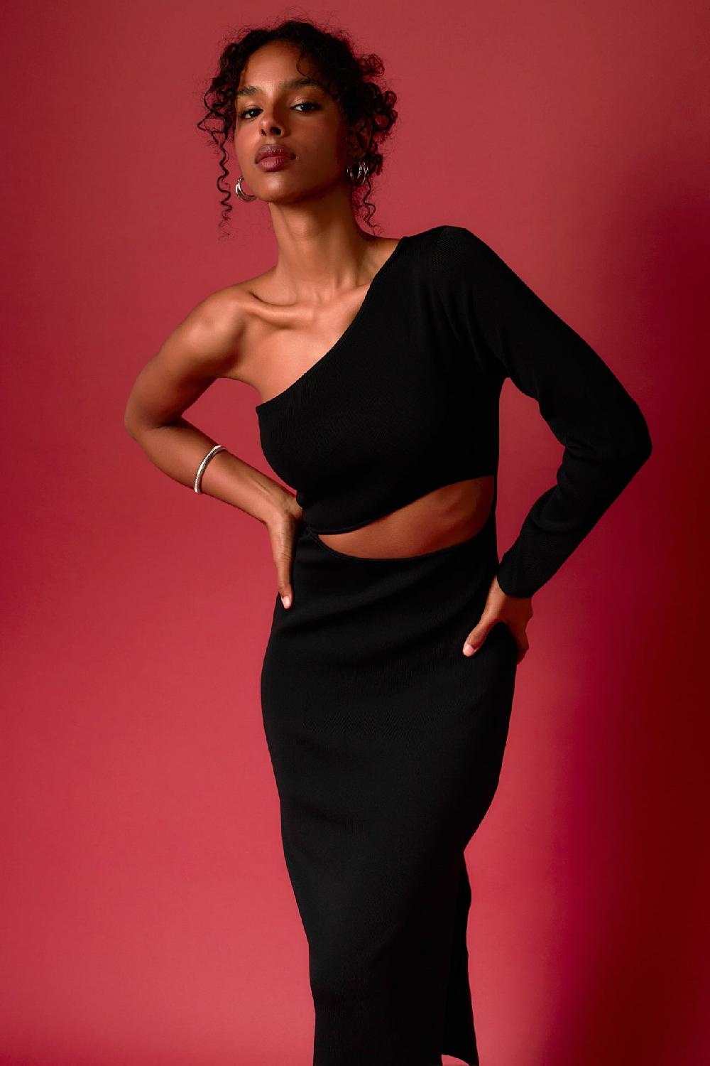 endless rose Knit One Shoulder Midi Dress BLACK