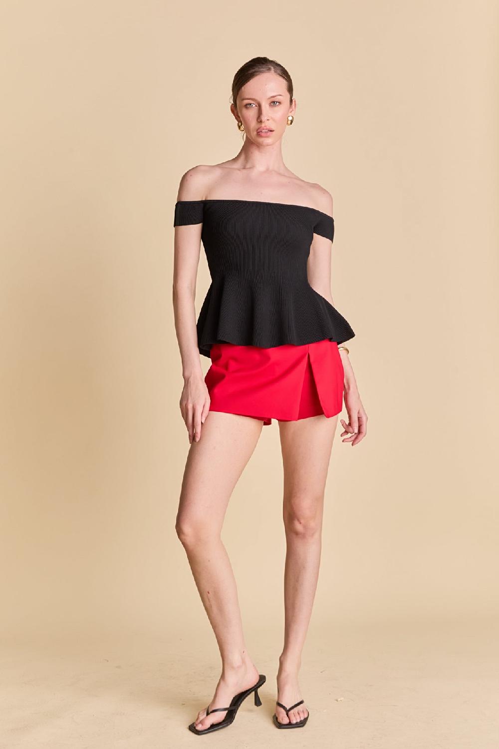 Endless Rose Knit Pleated Off Shoulder Top BLACK
