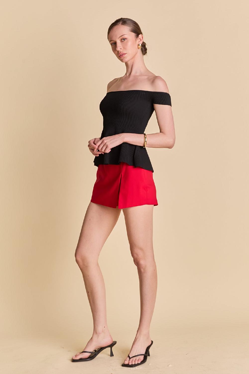 Endless Rose Knit Pleated Off Shoulder Top BLACK