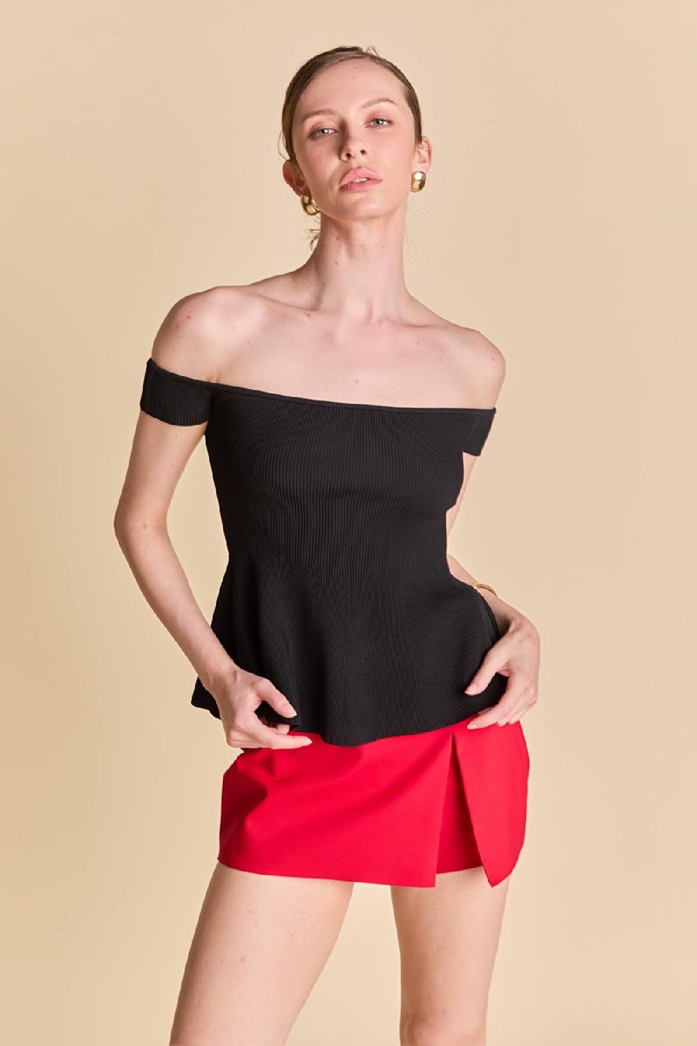 endless rose Knit Pleated Off Shoulder Top BLACK