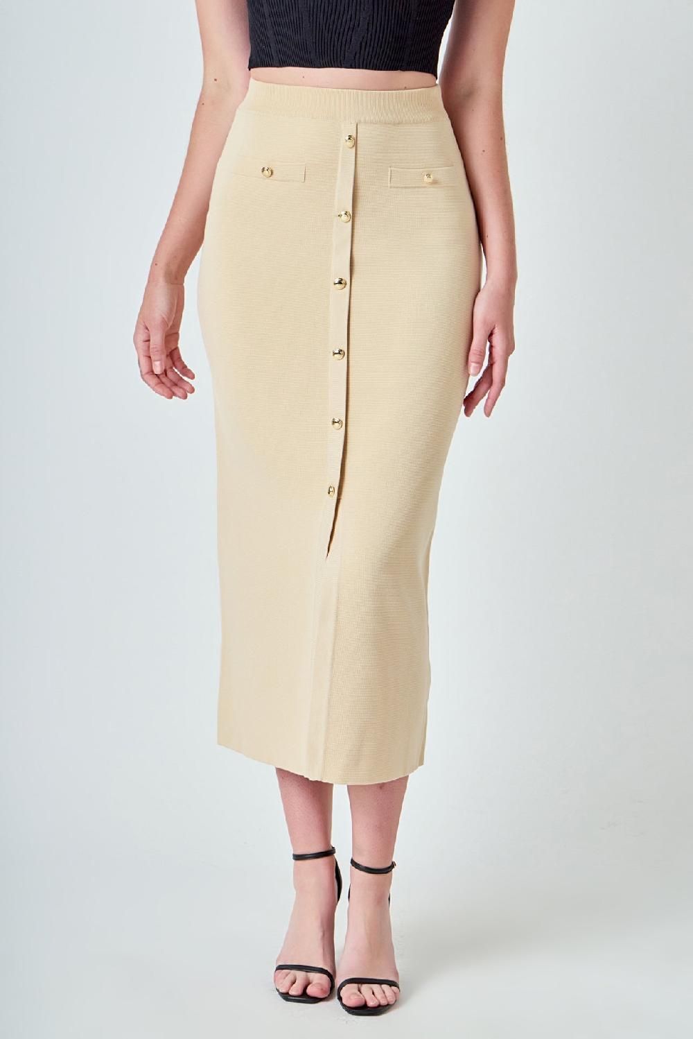 Endless Rose Knit Pocketed Midi Skirt BEIGE