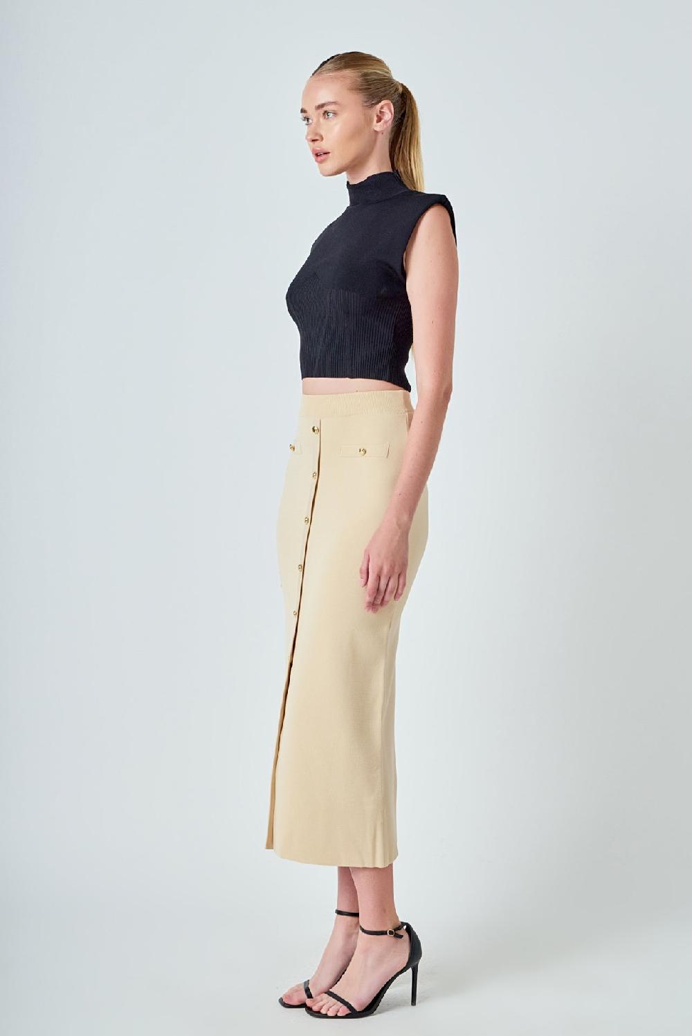 Endless Rose Knit Pocketed Midi Skirt BEIGE