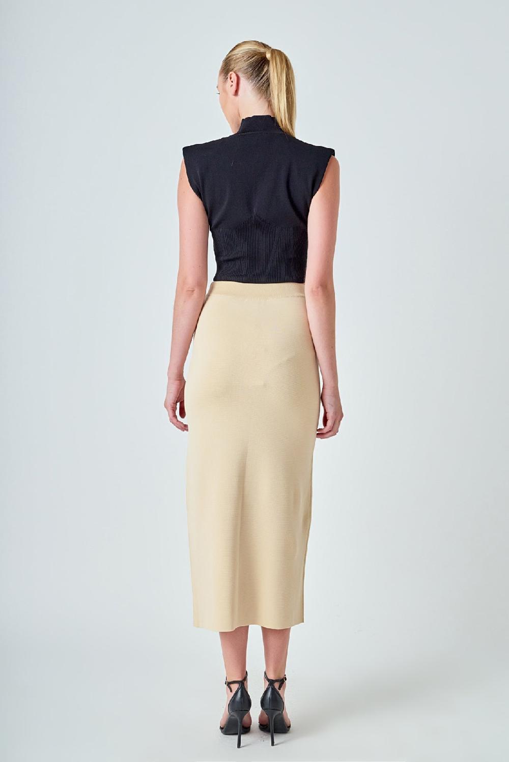 Endless Rose Knit Pocketed Midi Skirt BEIGE