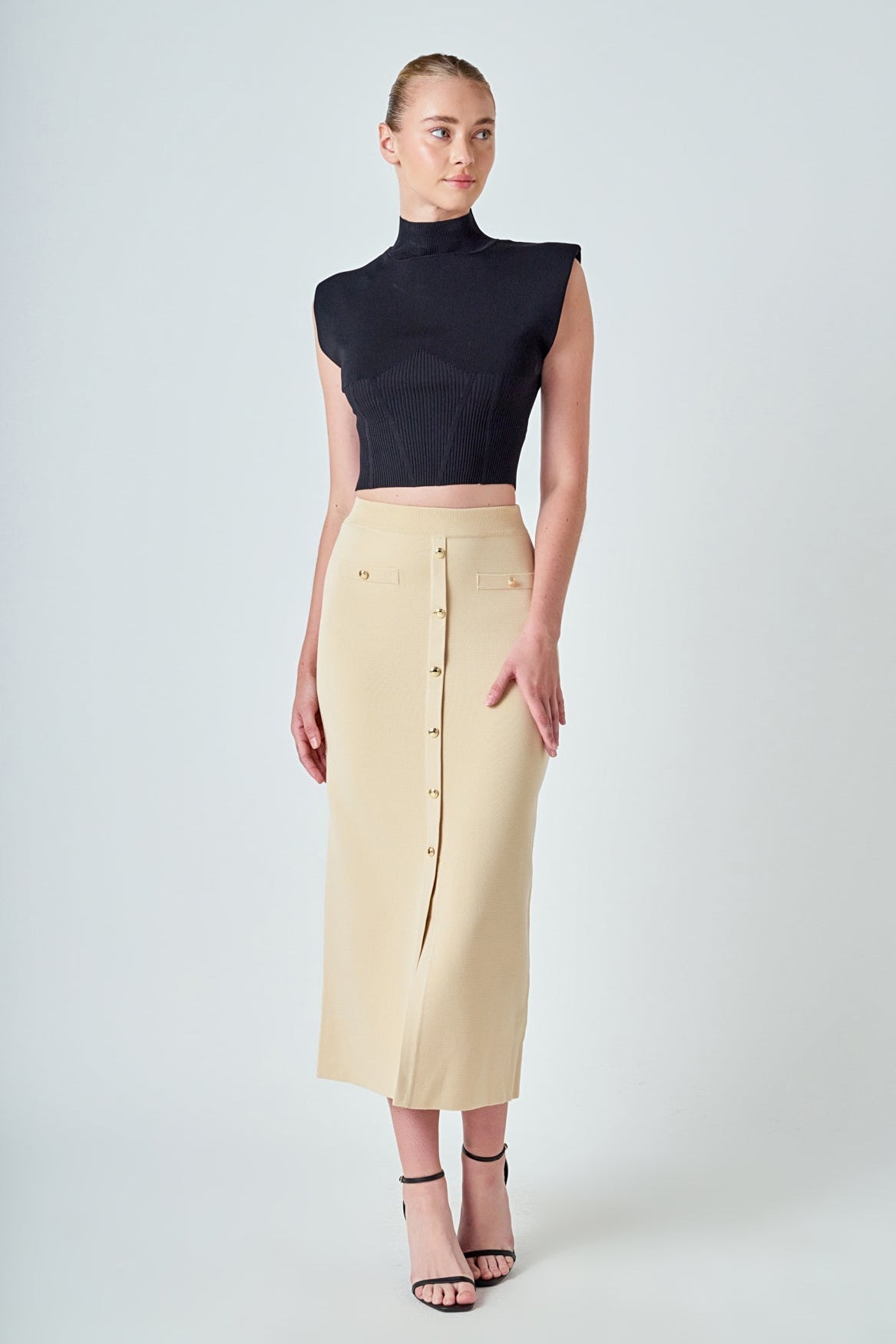 endless rose Knit Pocketed Midi Skirt BEIGE