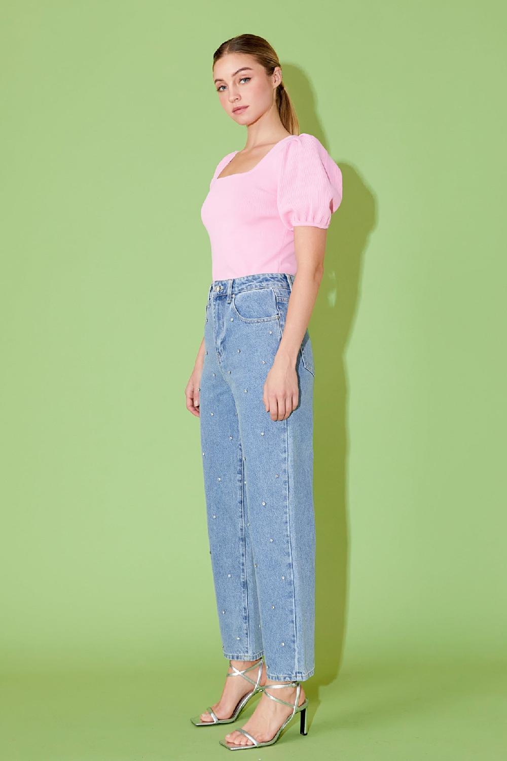 Endless Rose Knit Square Neck Puff Top PINK