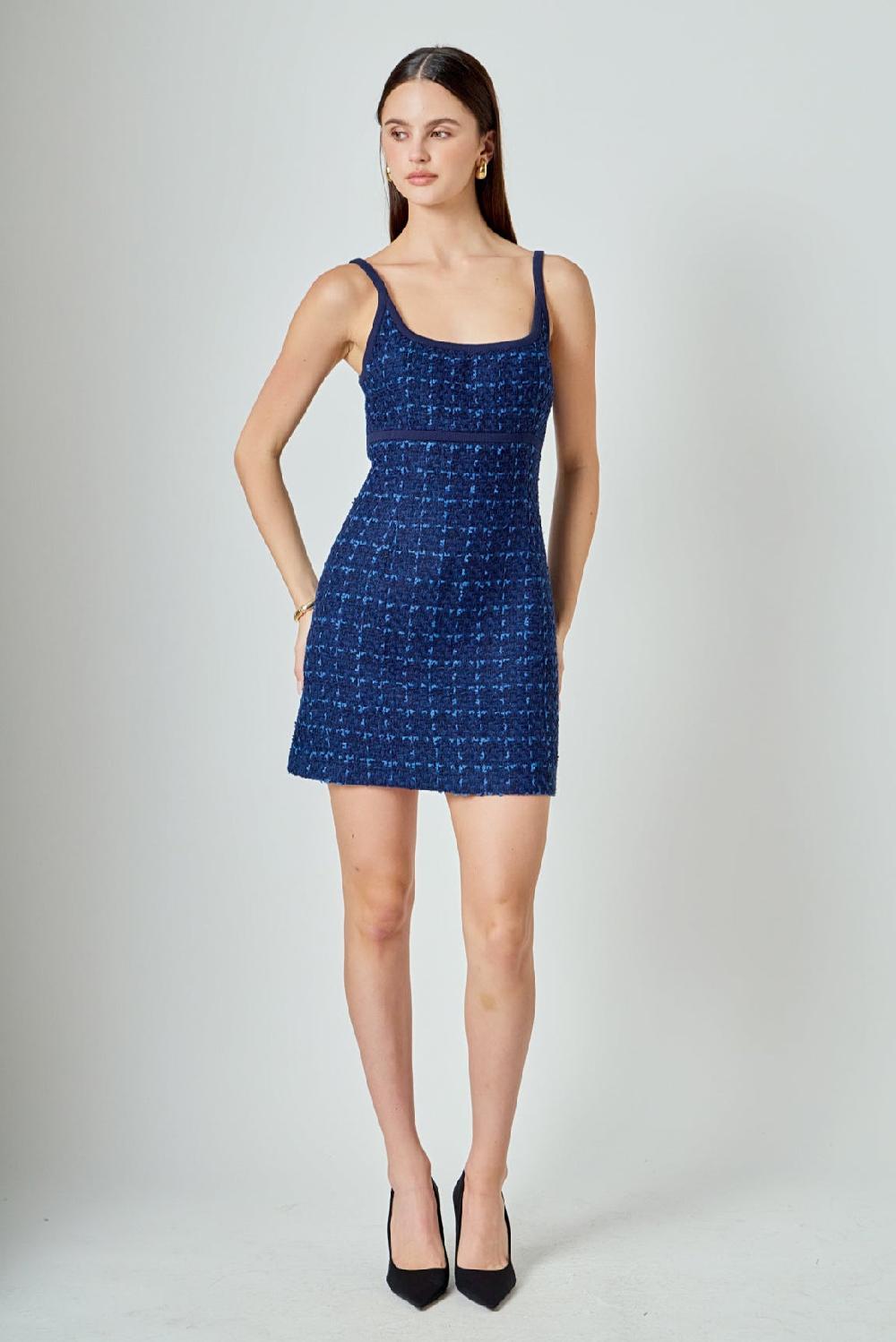 endless rose Knit Trimmed Tweed Mini Dress NAVY