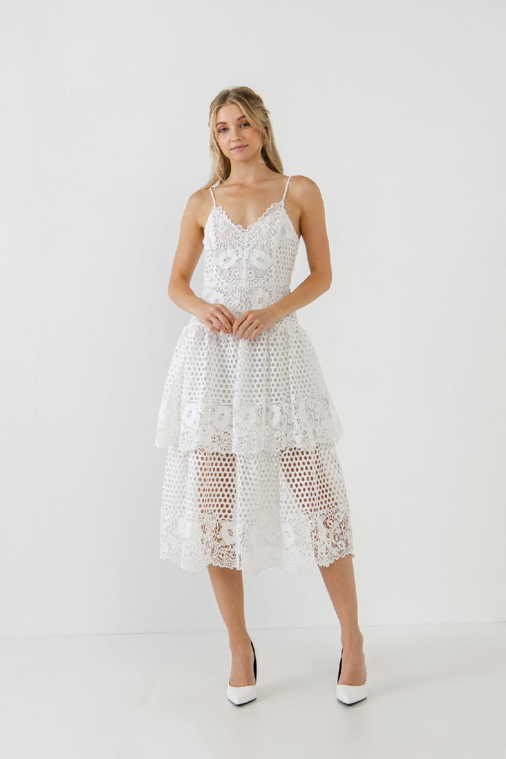 endless rose Lace Cami Tiered Midi Dress WHITE