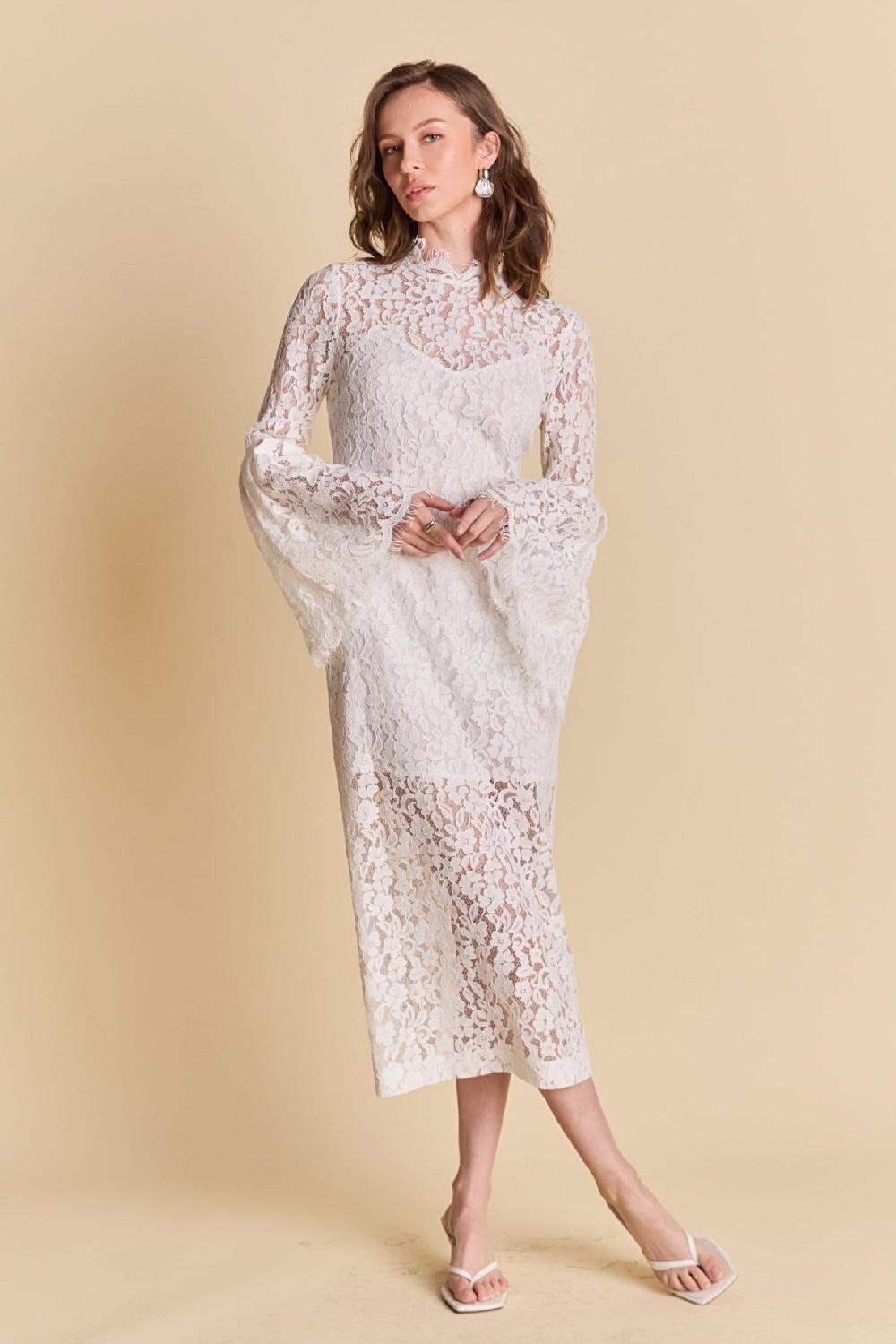 endless rose Lace Column Midi Dress WHITE