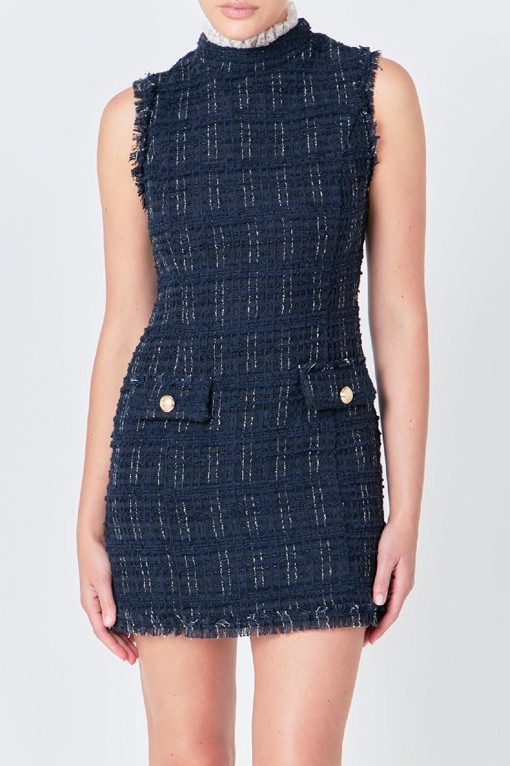 Endless Rose Lace Detail Tweed Mini Dress NAVY