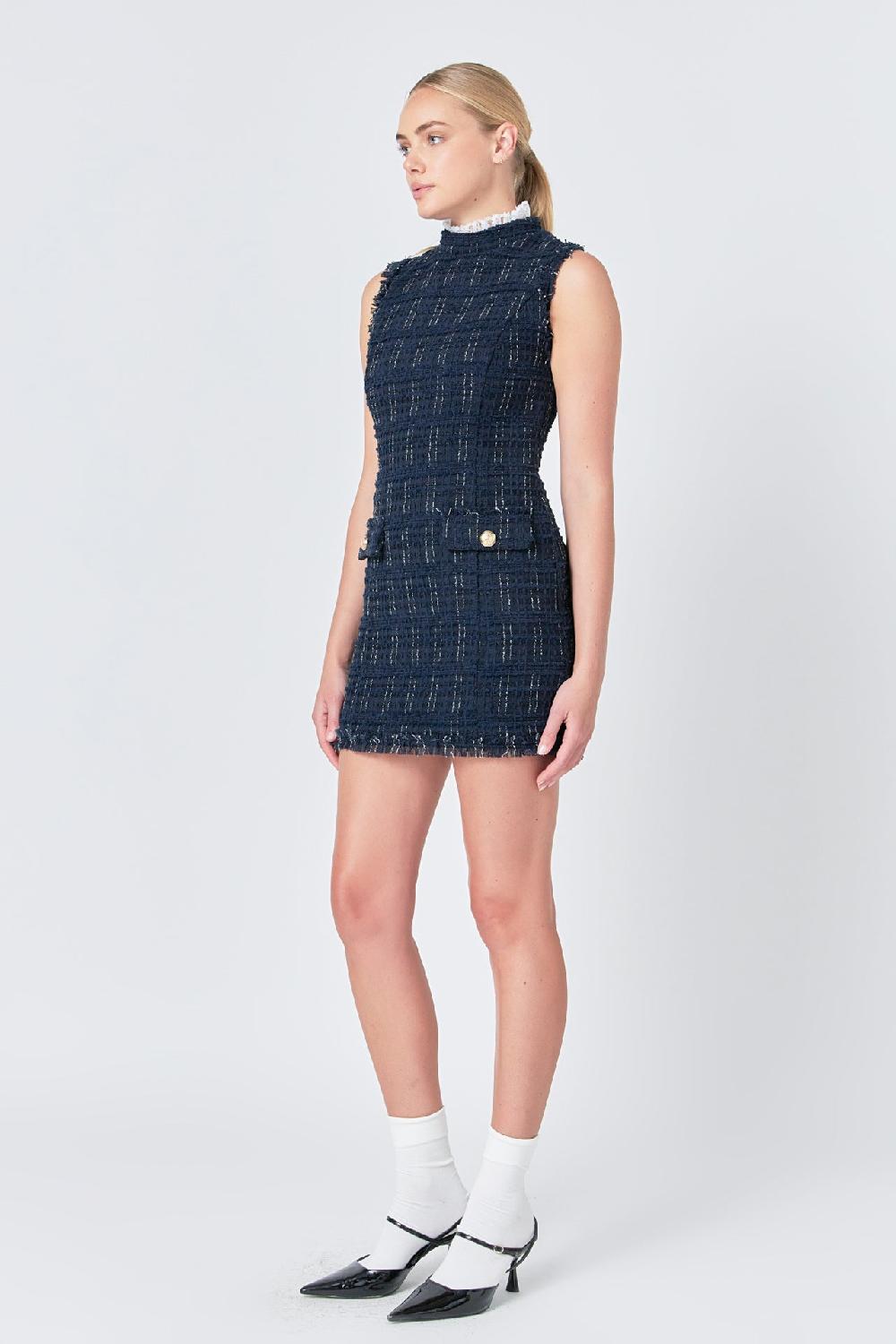 Endless Rose Lace Detail Tweed Mini Dress NAVY