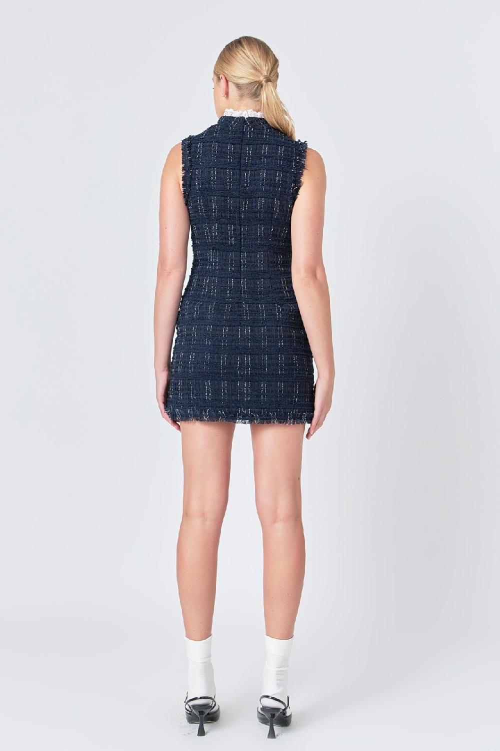 Endless Rose Lace Detail Tweed Mini Dress NAVY
