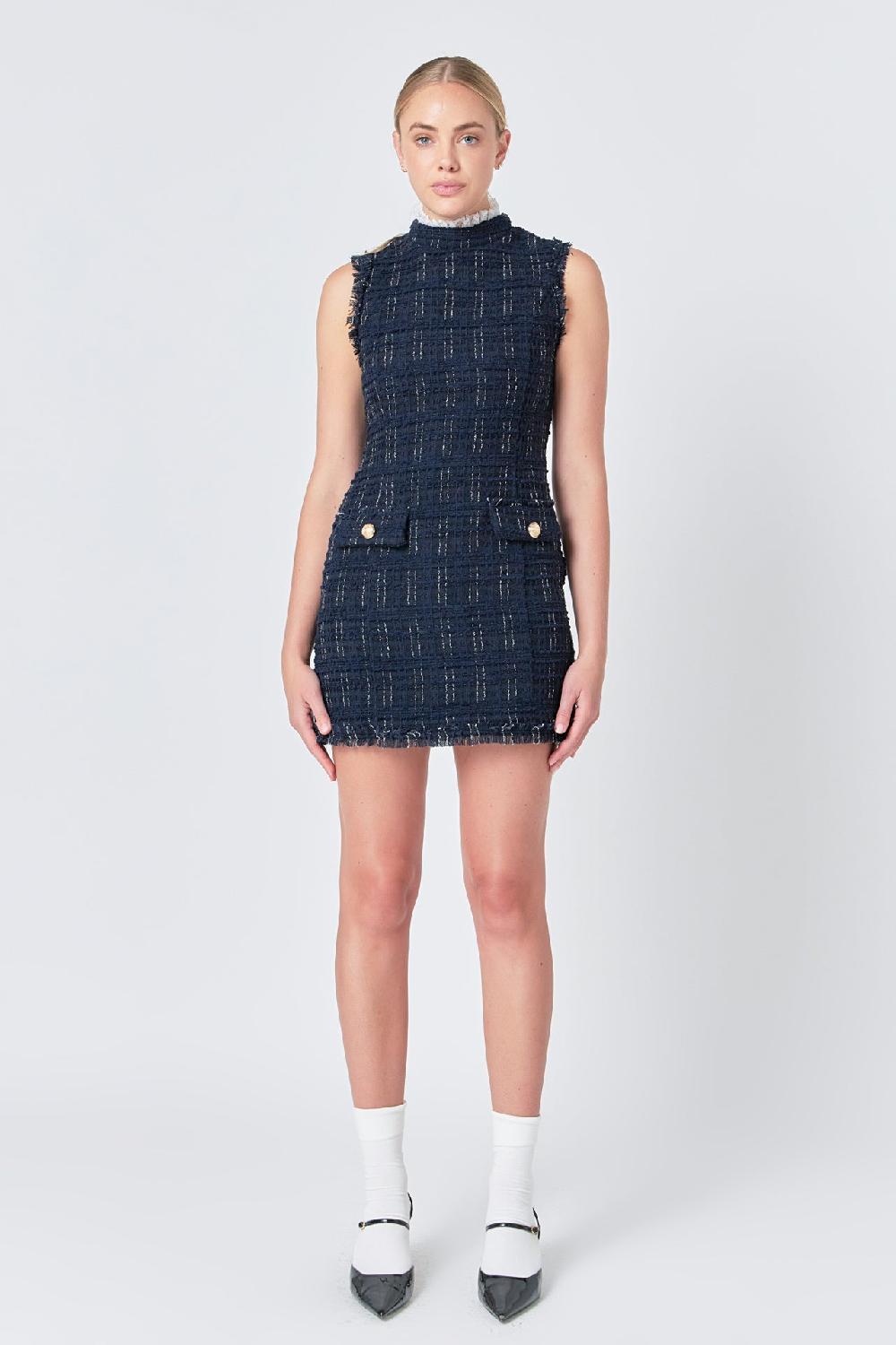 endless rose Lace Detail Tweed Mini Dress NAVY