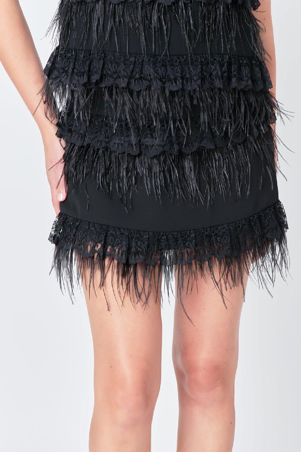Endless Rose Lace & Feather Trim Mini Skirt BLACK