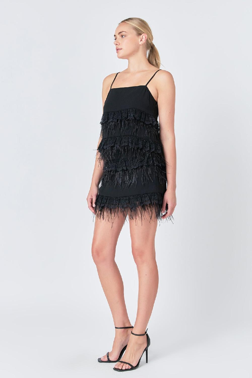 Endless Rose Lace & Feather Trim Mini Skirt BLACK