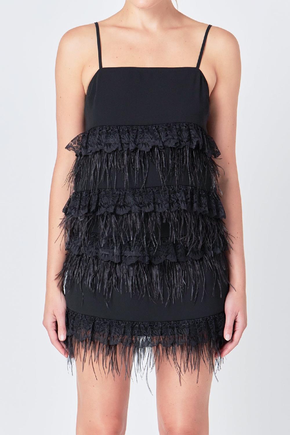 Endless Rose Lace & Feather Trim Tank Top BLACK