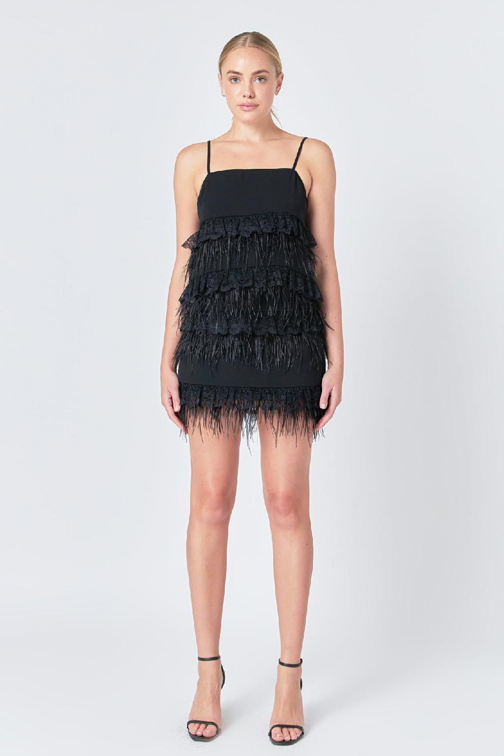 endless rose Lace & Feather Trim Tank Top BLACK