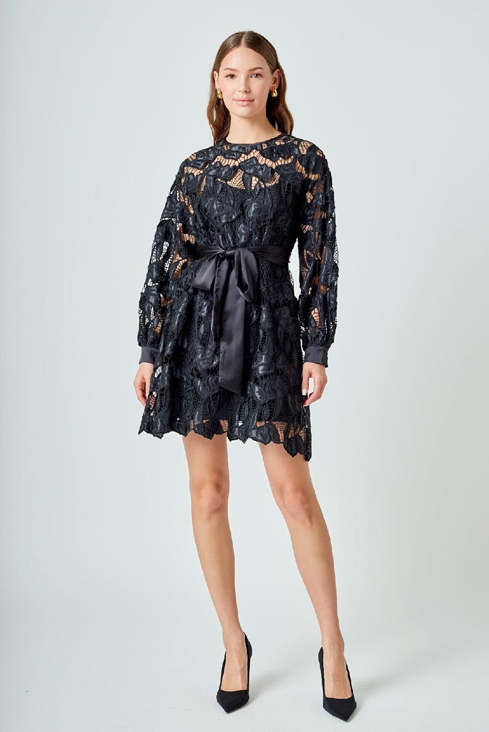 endless rose Lace Long Sleeve Mini Dress BLACK