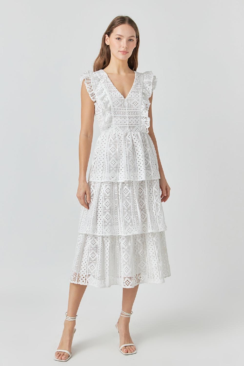 endless rose Lace Tiered Midi Dress WHITE