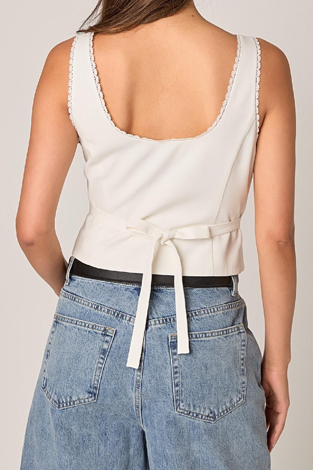 Endless Rose Lace Trim Linen Top WHITE