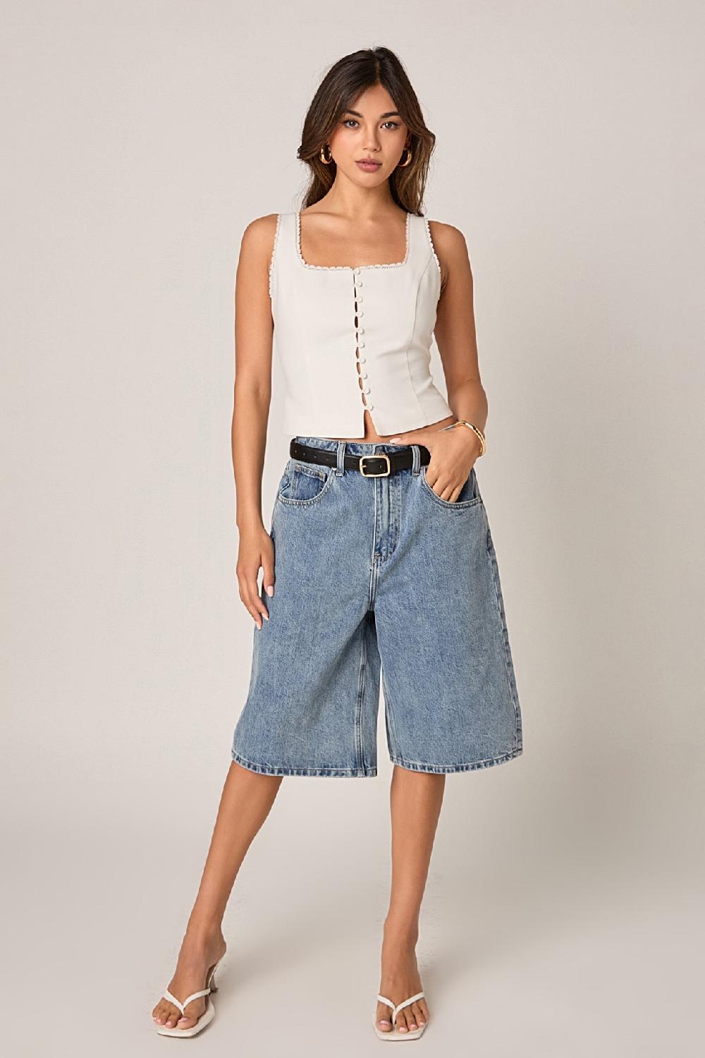 Endless Rose Lace Trim Linen Top WHITE