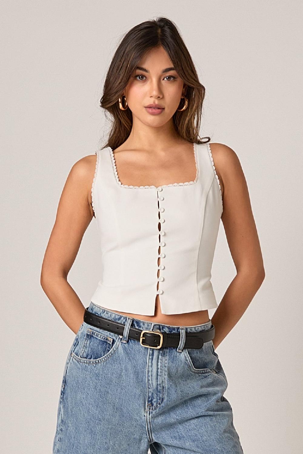 endless rose Lace Trim Linen Top WHITE