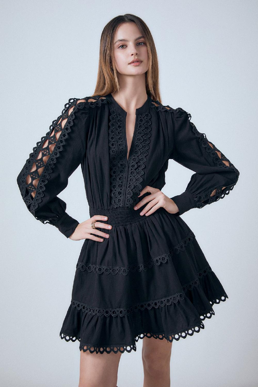 endless rose Lace Trim Mini Dress BLACK