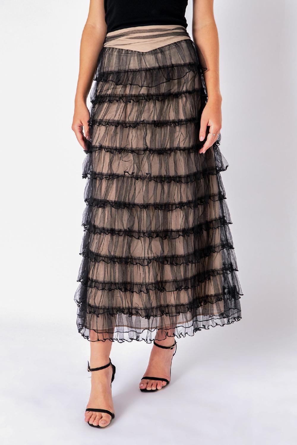 Endless Rose Layered Tulle Midi Skirt BLACK/NUDE