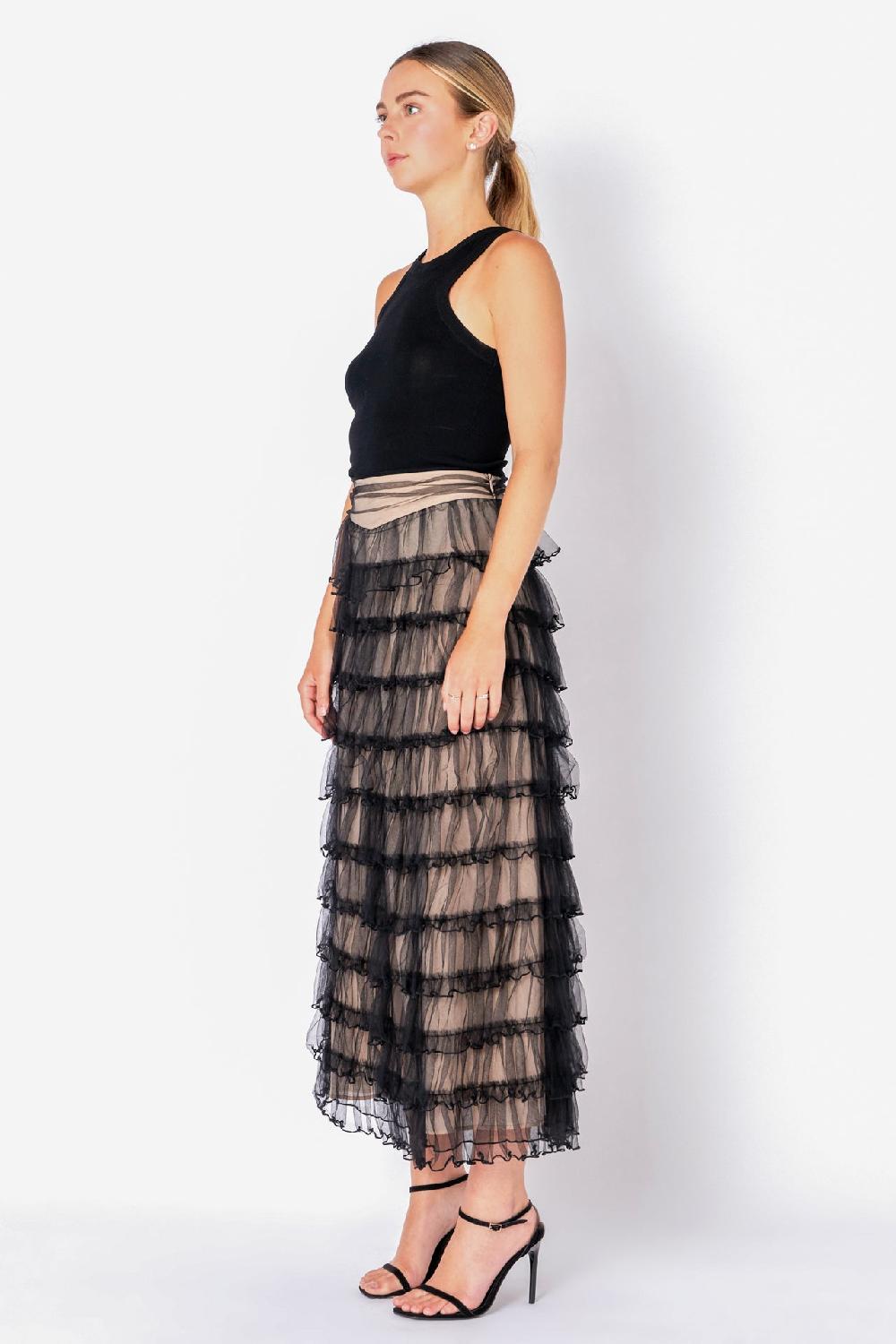 Endless Rose Layered Tulle Midi Skirt BLACK/NUDE