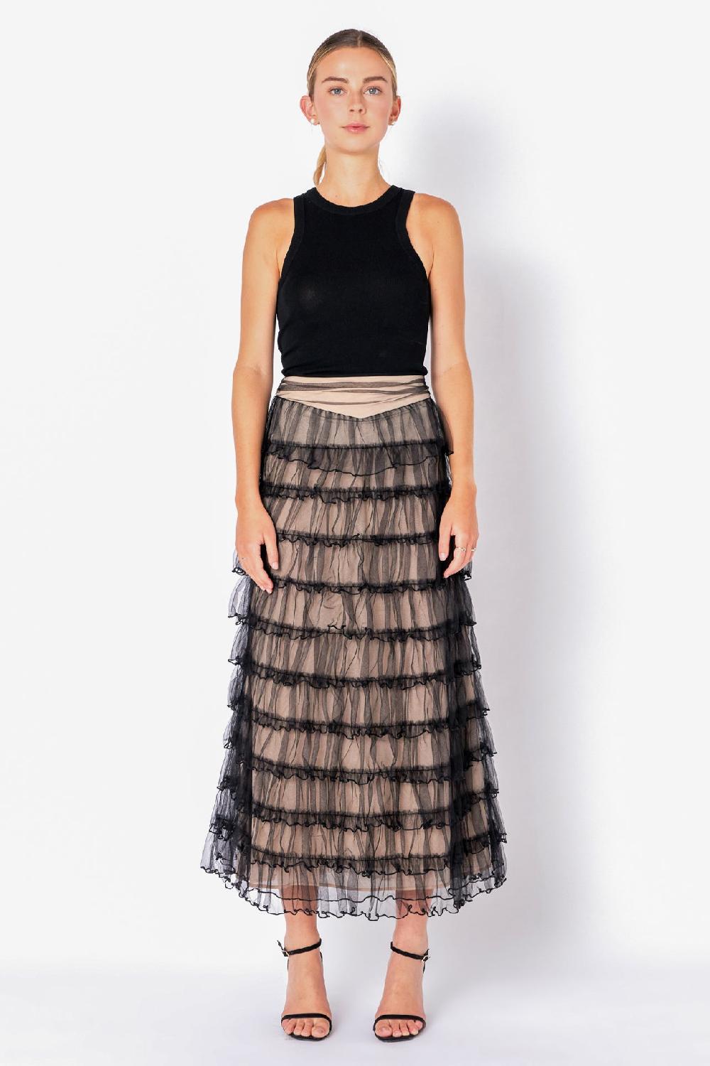 endless rose Layered Tulle Midi Skirt BLACK/NUDE