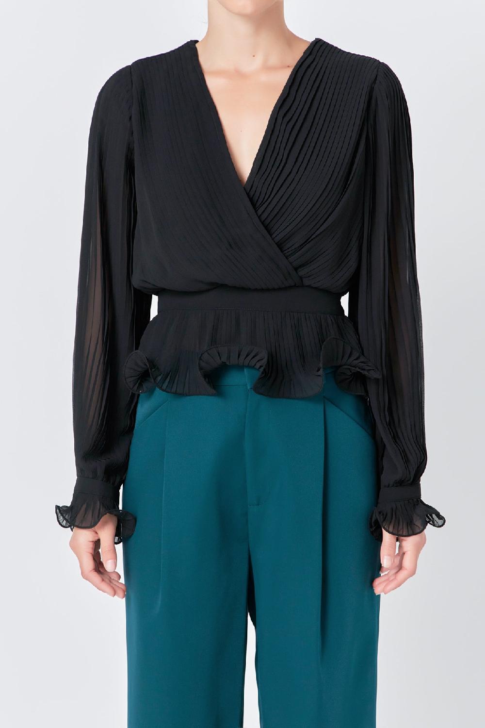 Endless Rose Lettuce Trim Long Sleeve Top BLACK