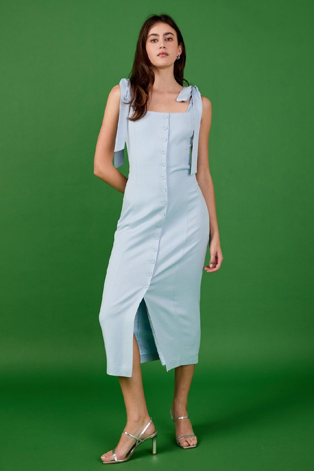 endless rose Linen Buttoned Maxi Dress BLUE