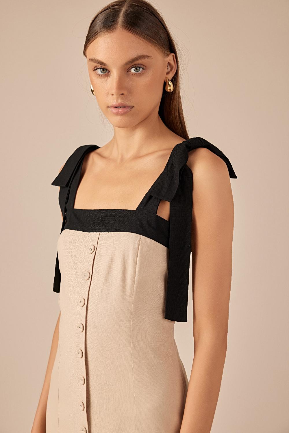 Endless Rose Linen Buttoned Maxi Dress SAND/BLACK