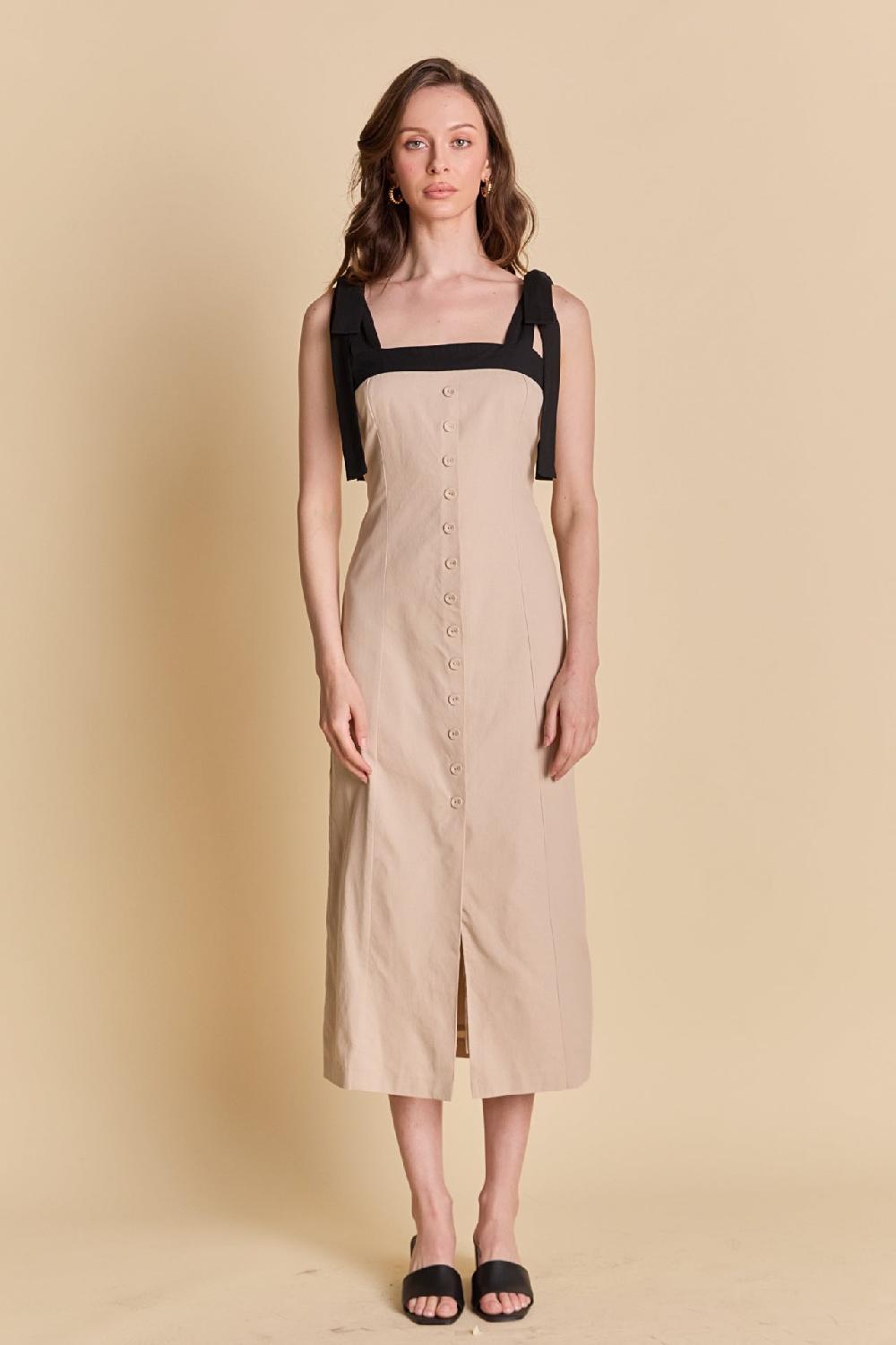 Endless Rose Linen Buttoned Maxi Dress SAND/BLACK