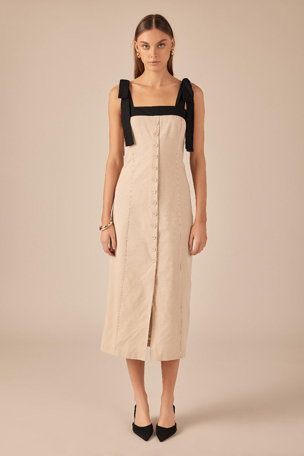 endless rose Linen Buttoned Maxi Dress SAND/BLACK